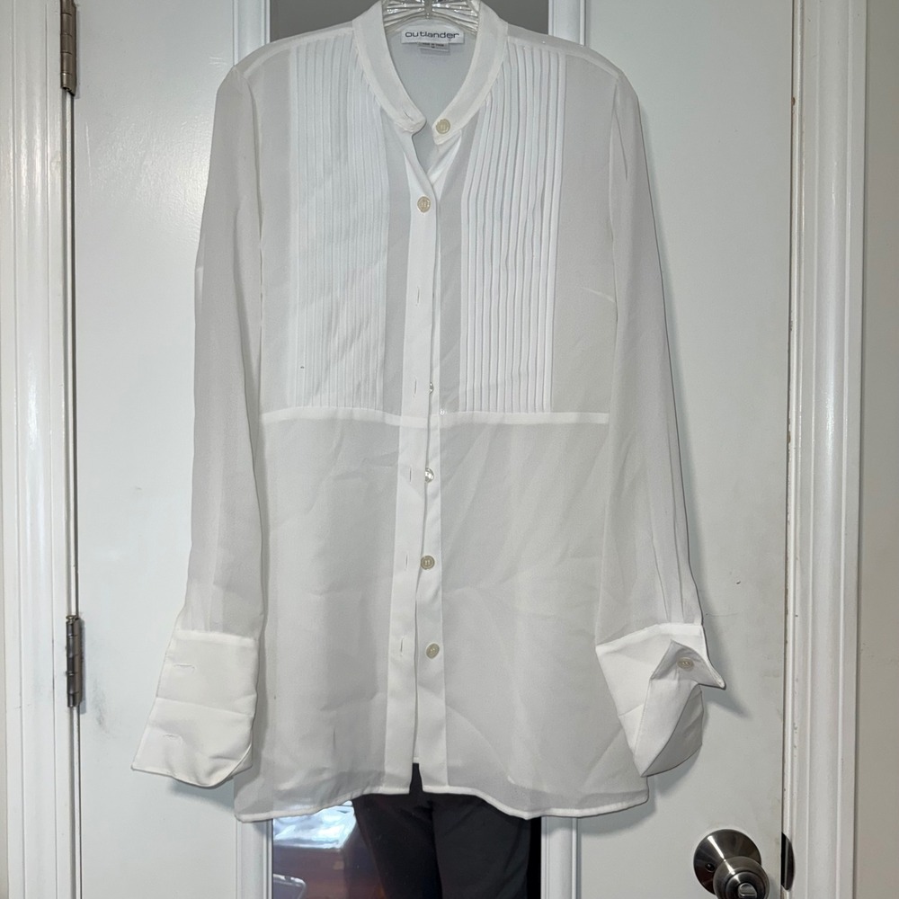 Outlander Vintage Tuxedo Bib Blouse Womens Medium White Sheer Chiffon
